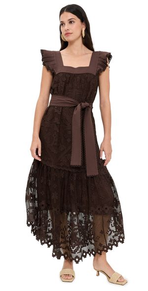 FARM Rio Pineapple Guipure Brown Midi Dress Brown S