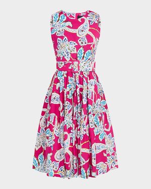 Rose Belted Pineapple-Print A-Line Dress