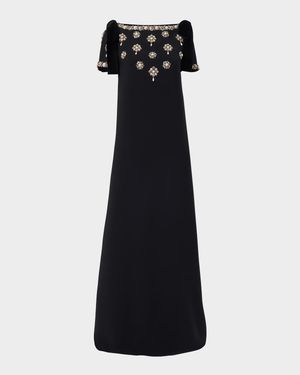 Embellished Bow-Shoulder Crepe Gown