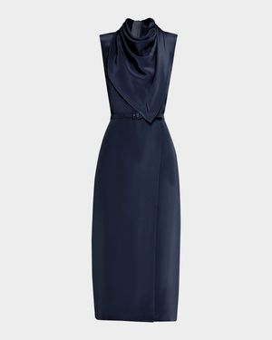 Scarf Drape Silk Crepe Midi Dress With Belt