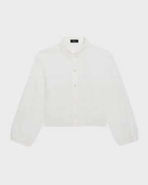 Pleated-Sleeve Linen Button-Front Shirt