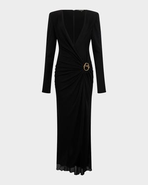 Plunging Draped Crepe Jersey Long-Sleeve Gown