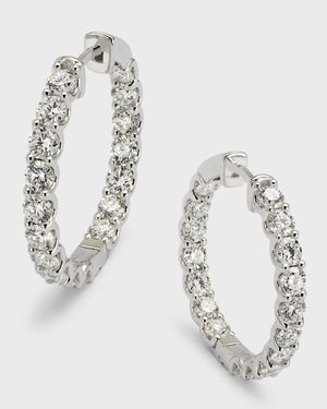18K White Gold Round Diamond Hoop Earrings, 1"L
