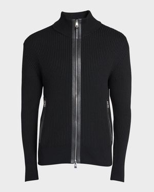 Men's Ribbed Cardigan with Leather Trim