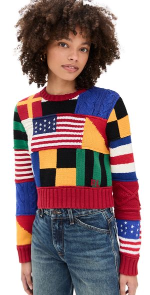 Polo Ralph Lauren Cotton Flag Pullover Sweater Red Multi L