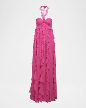 Ruffle Chiffon Halter Gown