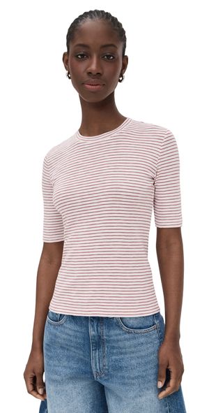 Vince Striped Elbow Sleeve Crew Tee Peony Wood Combo XS