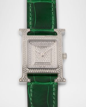 Heure H All Diamond Watch with Green Alligator Strap, 25 mm