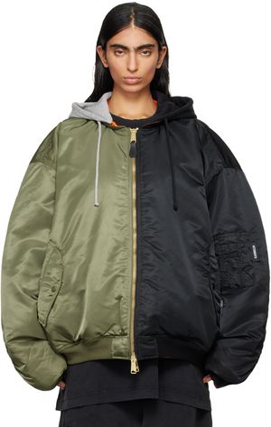 VETEMENTS Blouson aviateur réversible kaki et noir à capuche et à panneaux édition Alpha Industries