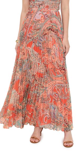 L'AGENCE Torin Pleated Maxi Skirt Orange/Light Blue Paisley 10