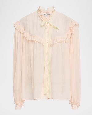 Aereine Marwari Bow-Neck Ruffle Peasant Blouse