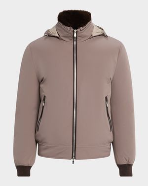Men's Full-Zip Nylon and Shearling Jacket with Detachable Hood