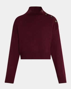 Turtleneck Button-Shoulder Cashmere Crop Sweater