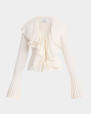 Long-Sleeve V-Neck Pleated Ruffle Blouse