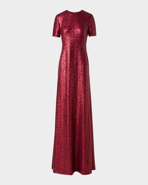 Short-Sleeve Stretch Paillette Jersey Gown