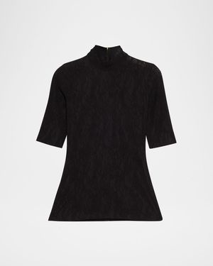 Mock-Neck Stretch Lace Short-Sleeve Top