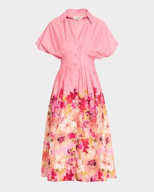 Pleated Floral-Print Midi Shirtdress