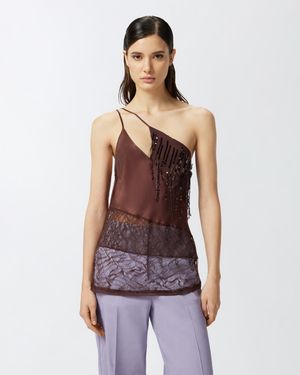 Pinko - Top asymétrique avec dentelle et paillettes - Taille 42 - Marron
