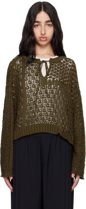 Y's Khaki Openwork Design Henry Wide Sleeve Sweater