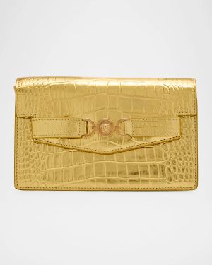 La Medusa Laminated Croc-Embossed Wallet on Chain