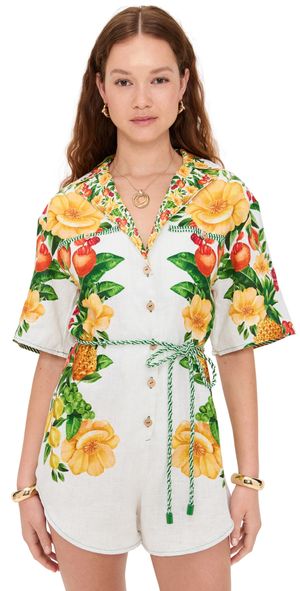 FARM Rio Picnic Flowers Off-White Buttoned Topstitching Romper Picnic Flowers Off White L