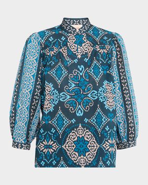 Danilia Medallion-Print Blouson-Sleeve Top
