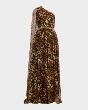 Leopard Chiffon Cape-Sleeve One-Shoulder Gown With Embroidered Belt