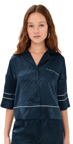 Off-White Jacquard Off Satin Pajama Shirt Blue Iris 38