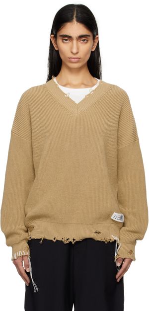 MM6 Maison Margiela Pull beige en tricot à col en V et à effet usé
