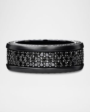 Men's Streamline Three-Row Band Ring with Black Diamonds in Black Titanium and Silver, 9mm