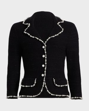 Bead-Trim Metallic Tweed Blazer