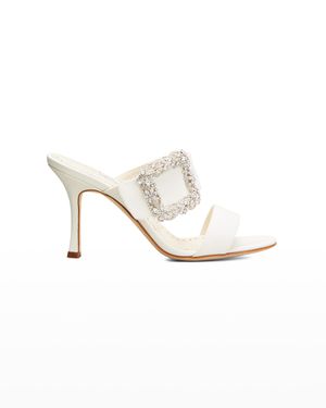 Gable Silk Crystal Buckle Slide Sandals, Cream