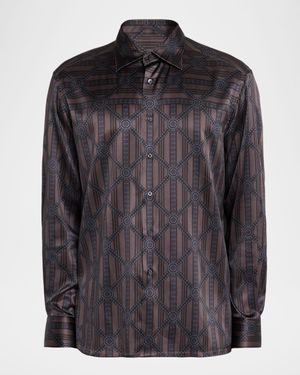Men's Geometric Stripe Silk-Elastane Sport Shirt
