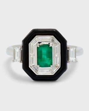 Oui 18k White Gold Black Enamel, Emerald and Diamond Ring