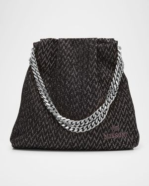 Chevron Drawstring Chain Pouch Top-Handle Bag