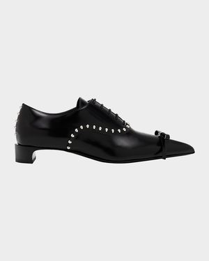 Studded Lace-Up Leather Oxford Pumps