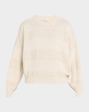 Linen-Cotton Pailette Striped Crewneck Sweater