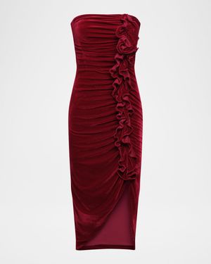 Strapless Velvet Ruffle Midi Dress