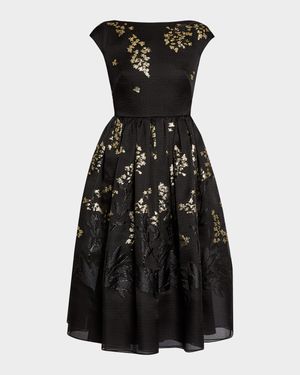 Floral Brocade Cap-Sleeve Midi Dress