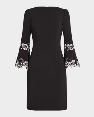 Bell-Sleeve Floral Applique Crepe Dress
