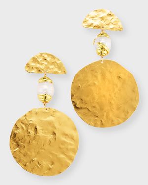 Gold Medallion Pearl Post Earrings