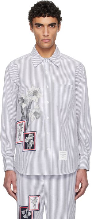 Thom Browne Navy & White Seersucker Framed Floral Shirt