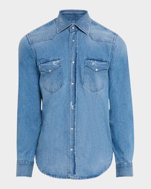 Men's Medium-Wash Denim Western Shirt