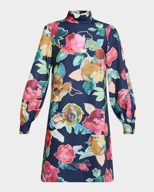 Elizabeth Floral Crepe Long-Sleeve Shift Dress