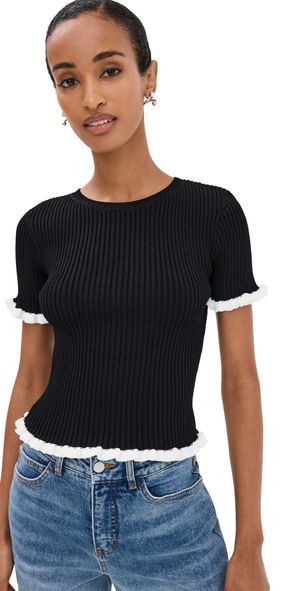 English Factory Ruffle Detailed Knit Top Black/White S