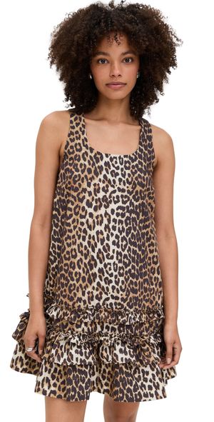 GANNI Printed Cotton Poplin Mini Dress Leopard 42