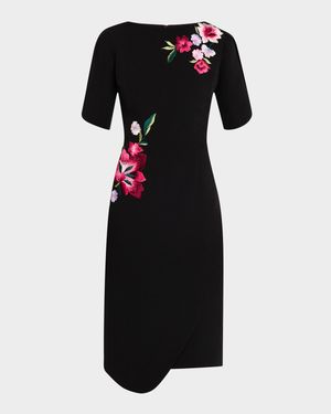 Floral-Embroidered Crepe Dress