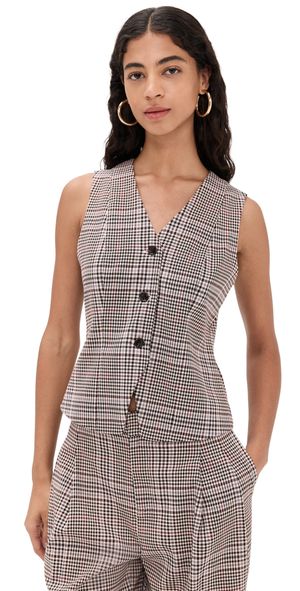 LE BOP Jacey Neck Vest Tan Plaid L