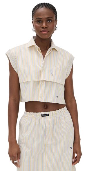HOMMEGIRLS Sleeveless Layered Cropped Shirt Yellow Stripe Oxford S