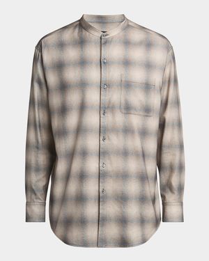 Men's Faded Plaid Cotton and Lyocell Nehru-Collar Sport Shirt